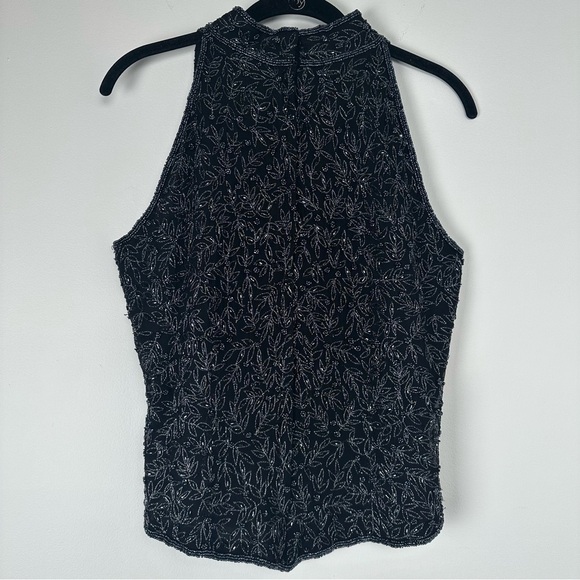 Papell Boutique Evening Top Size Large Black Beaded Floral Mock Neck Formal Silk - Picture 2 of 7